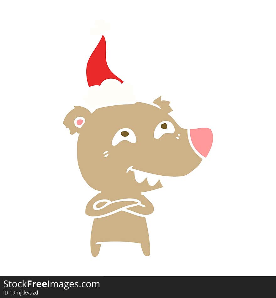 flat color illustration of a bear showing teeth wearing santa hat