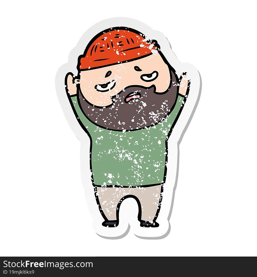 distressed sticker of a cartoon worried man with beard