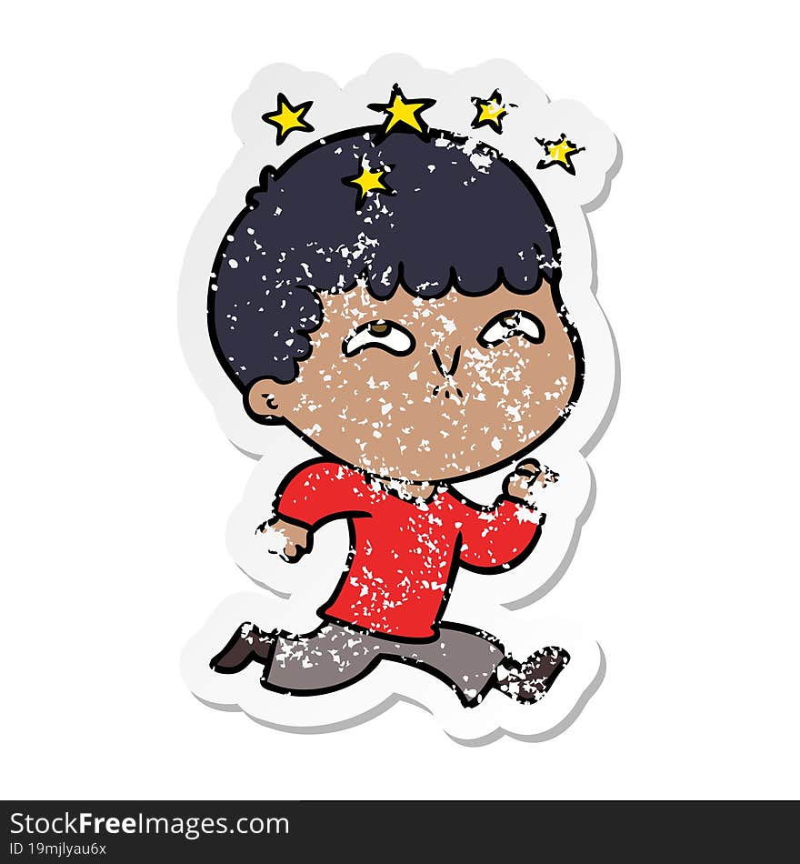 distressed sticker of a cartoon amazed boy