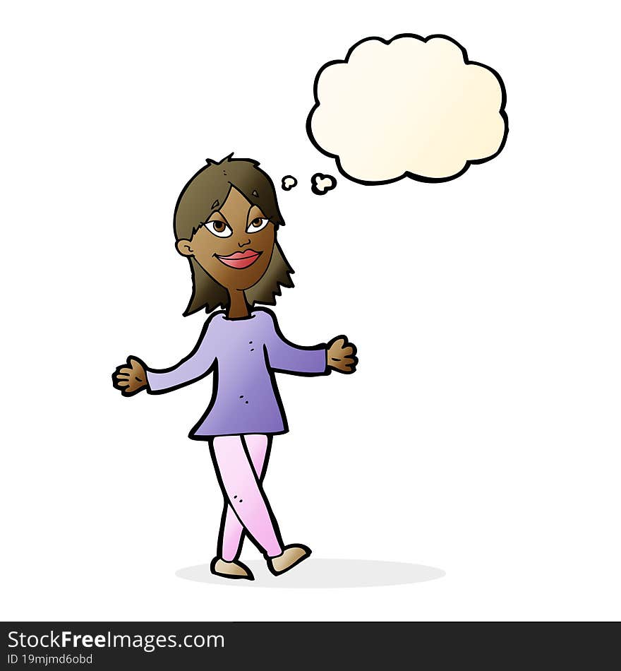 cartoon woman with no worries with thought bubble