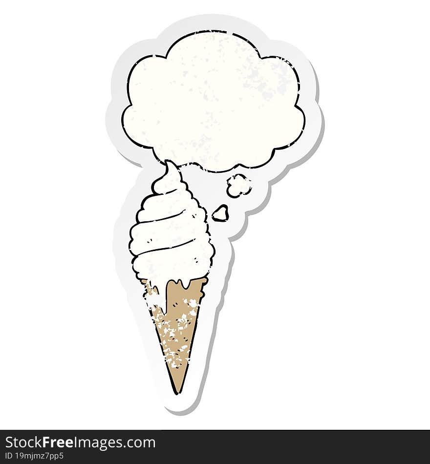 cartoon ice cream and thought bubble as a distressed worn sticker