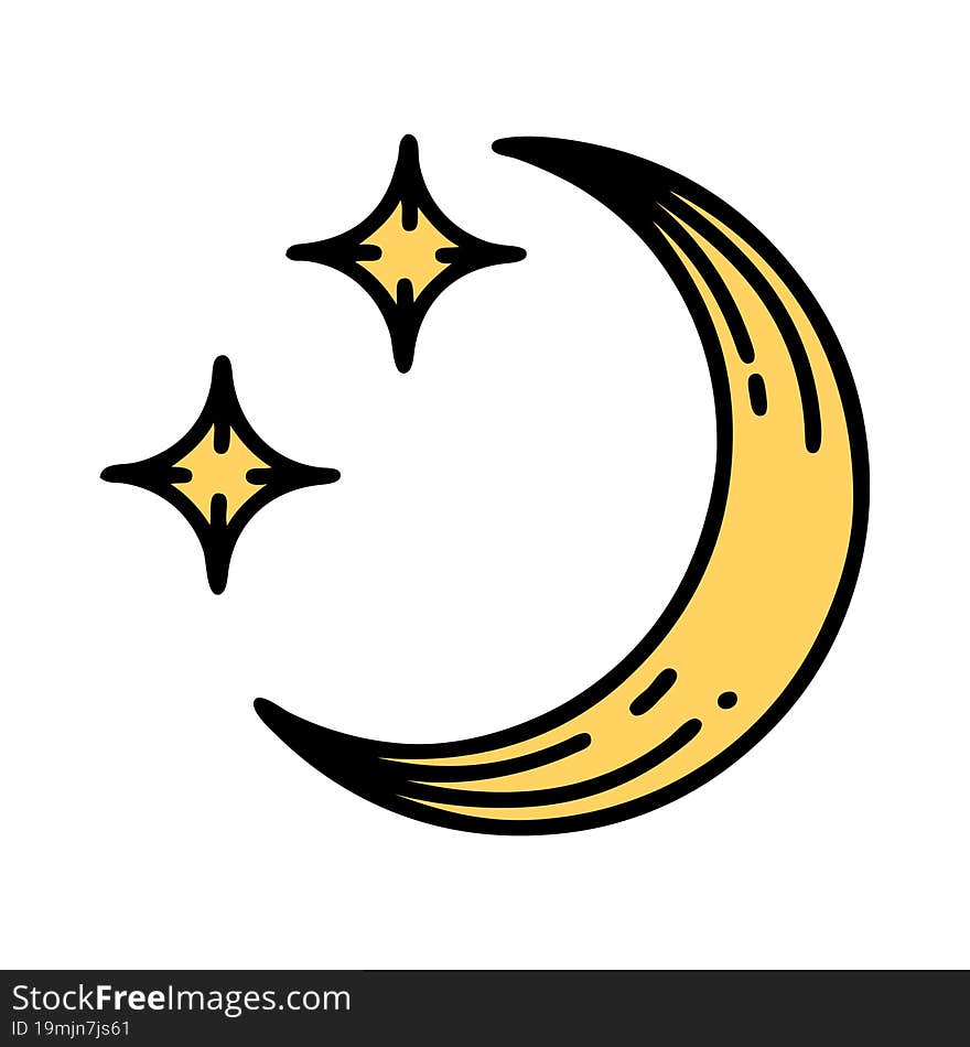 tattoo in traditional style of a moon and stars. tattoo in traditional style of a moon and stars