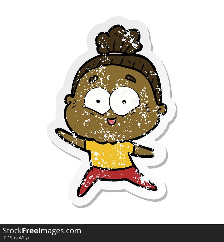 distressed sticker of a cartoon happy old woman