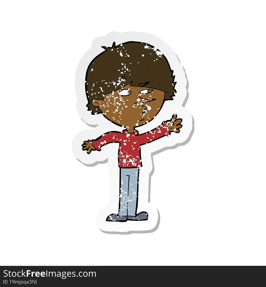 retro distressed sticker of a cartoon worried man reaching