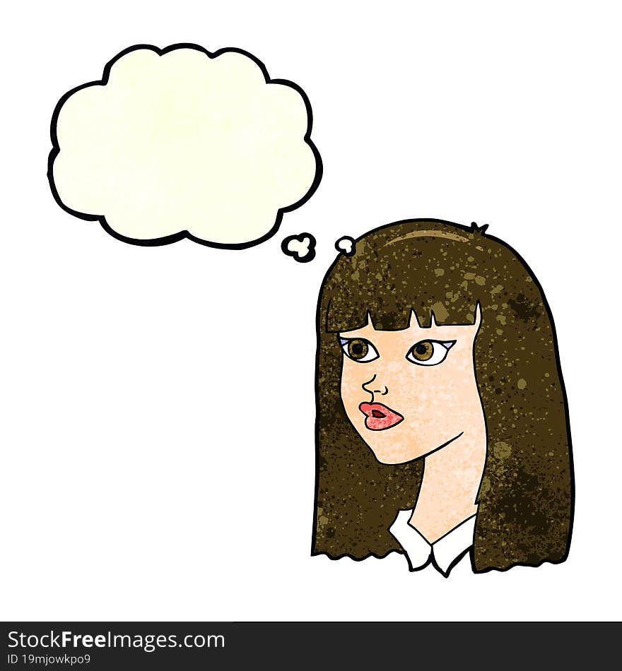 cartoon pretty girl with long hair with thought bubble