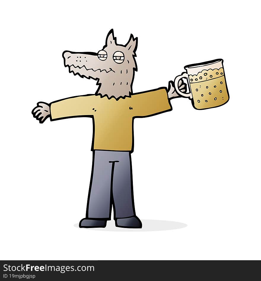 Cartoon Wolf Man Drinking Beer