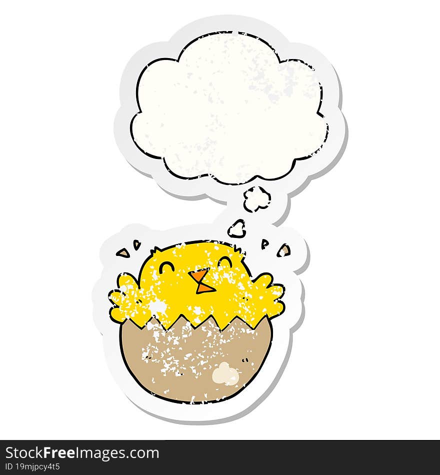 cartoon hatching chick with thought bubble as a distressed worn sticker