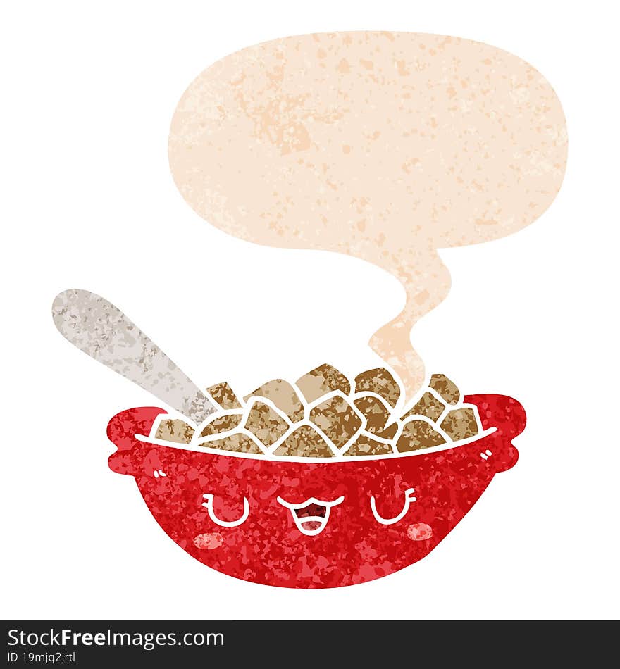 cute cartoon bowl of cereal and speech bubble in retro textured style