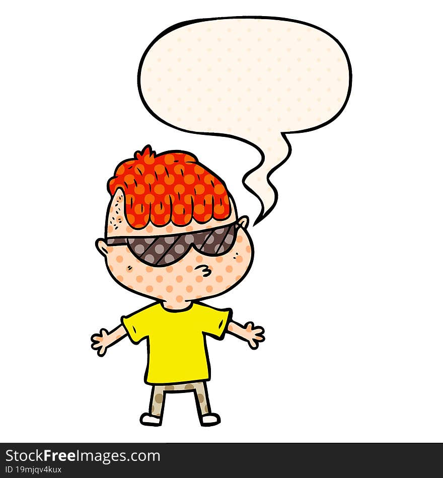 cartoon boy wearing sunglasses and speech bubble in comic book style