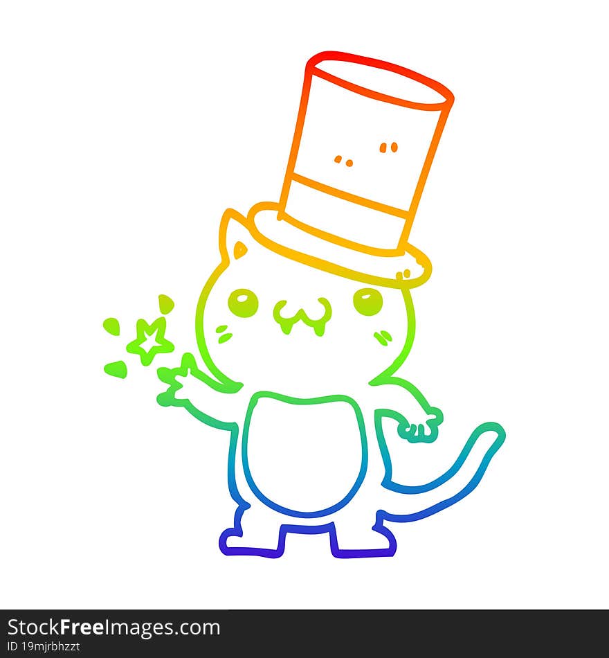 rainbow gradient line drawing cartoon cat wearing top hat