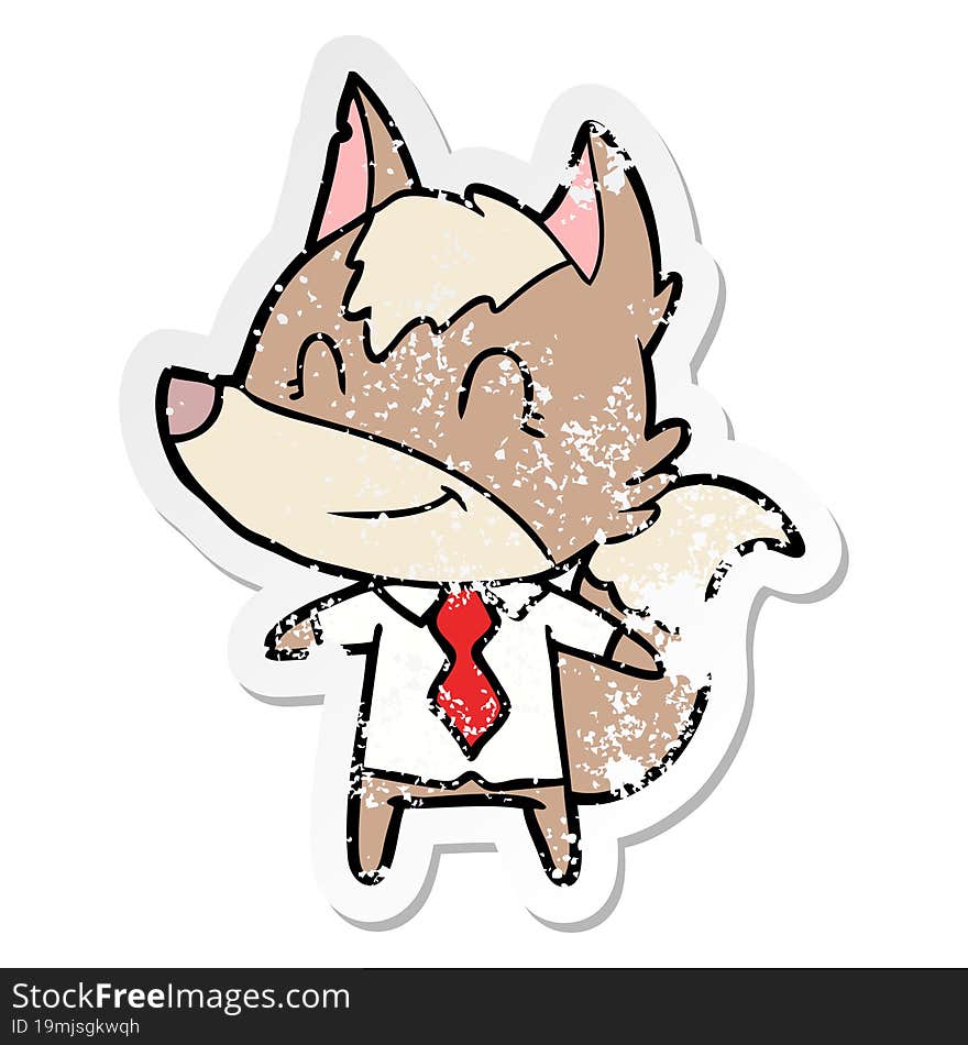 distressed sticker of a friendly cartoon wolf office worker