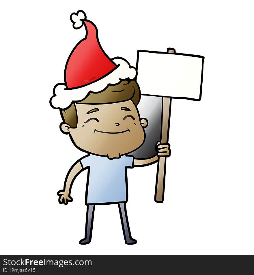 Happy Gradient Cartoon Of A Man With Placard Wearing Santa Hat