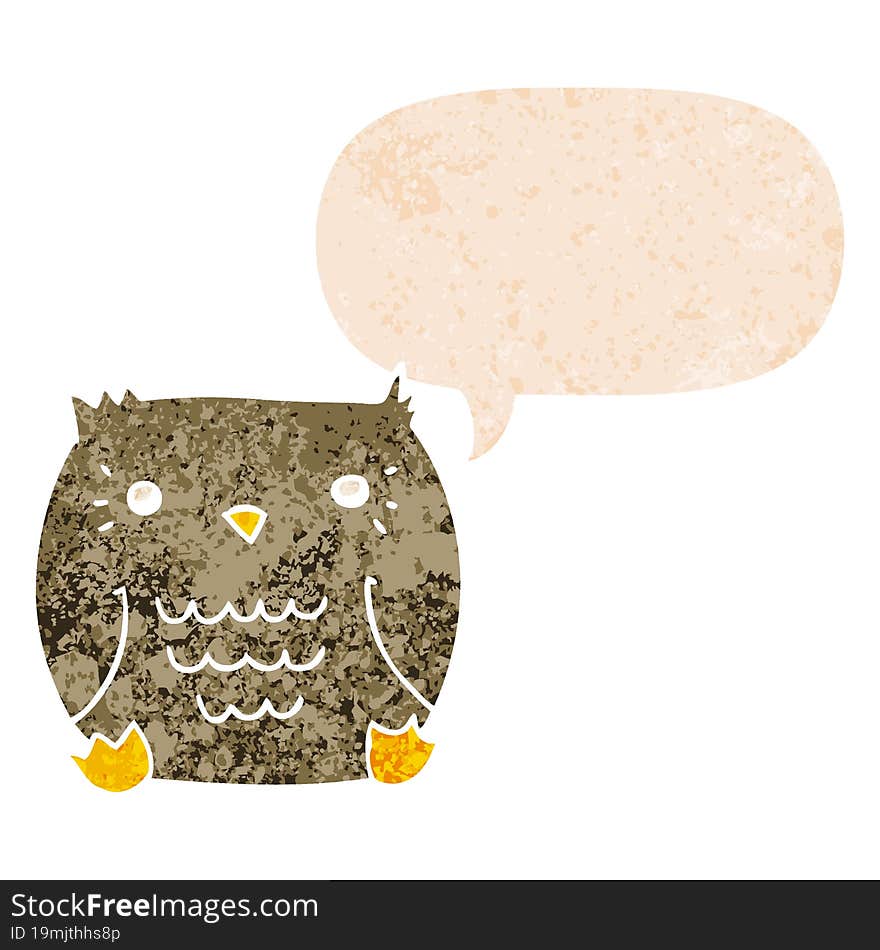 cartoon owl and speech bubble in retro textured style