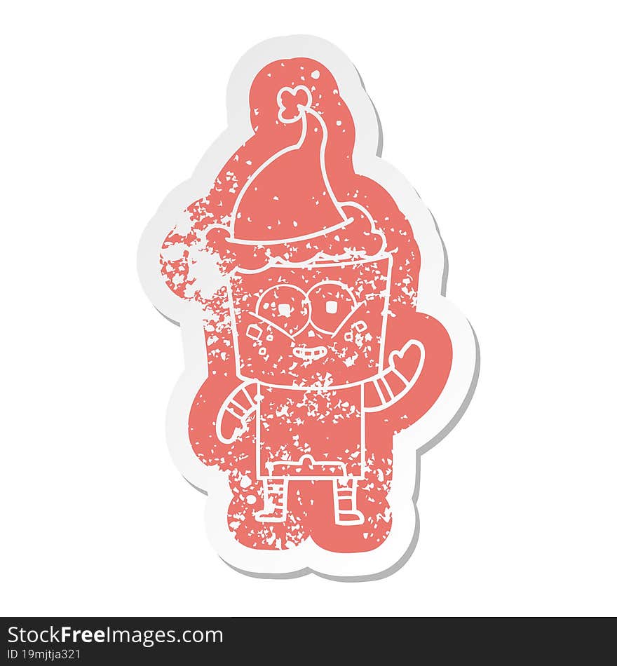 Happy Cartoon Distressed Sticker Of A Robot Waving Hello Wearing Santa Hat