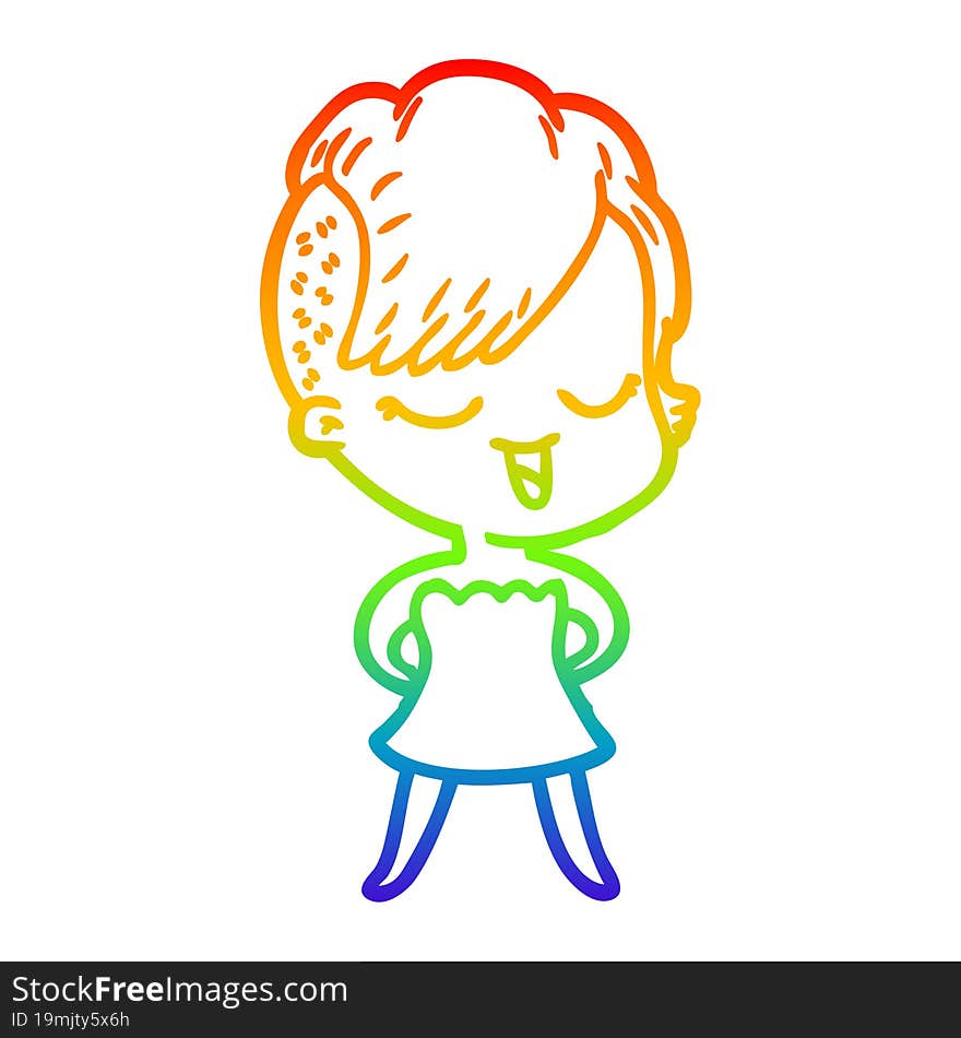 Rainbow Gradient Line Drawing Happy Cartoon Girl In Cocktail Dress