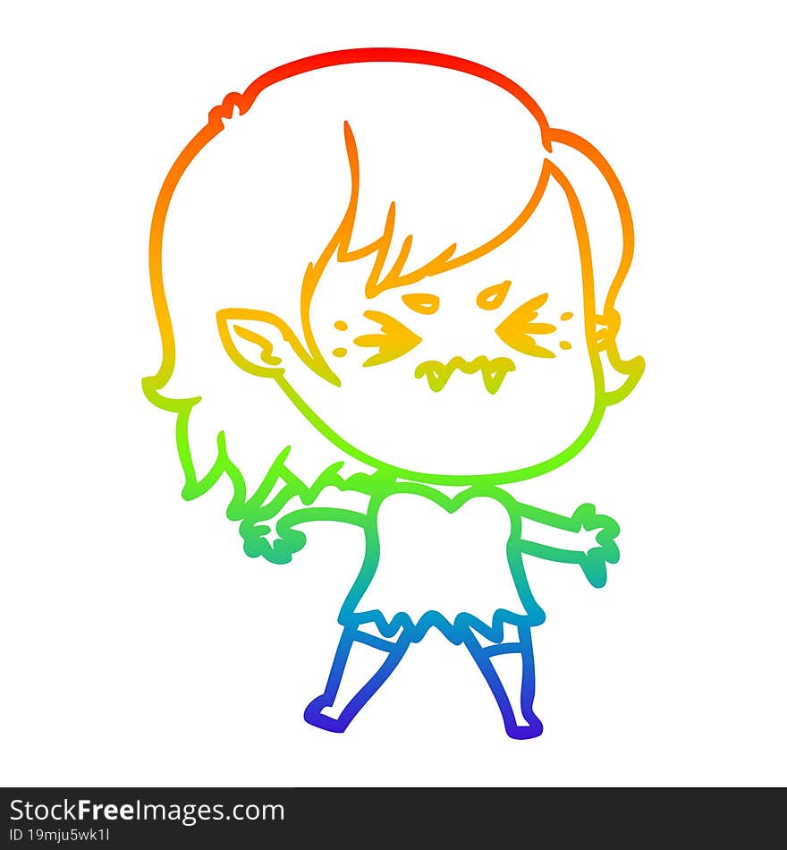 Rainbow Gradient Line Drawing Annoyed Cartoon Vampire Girl