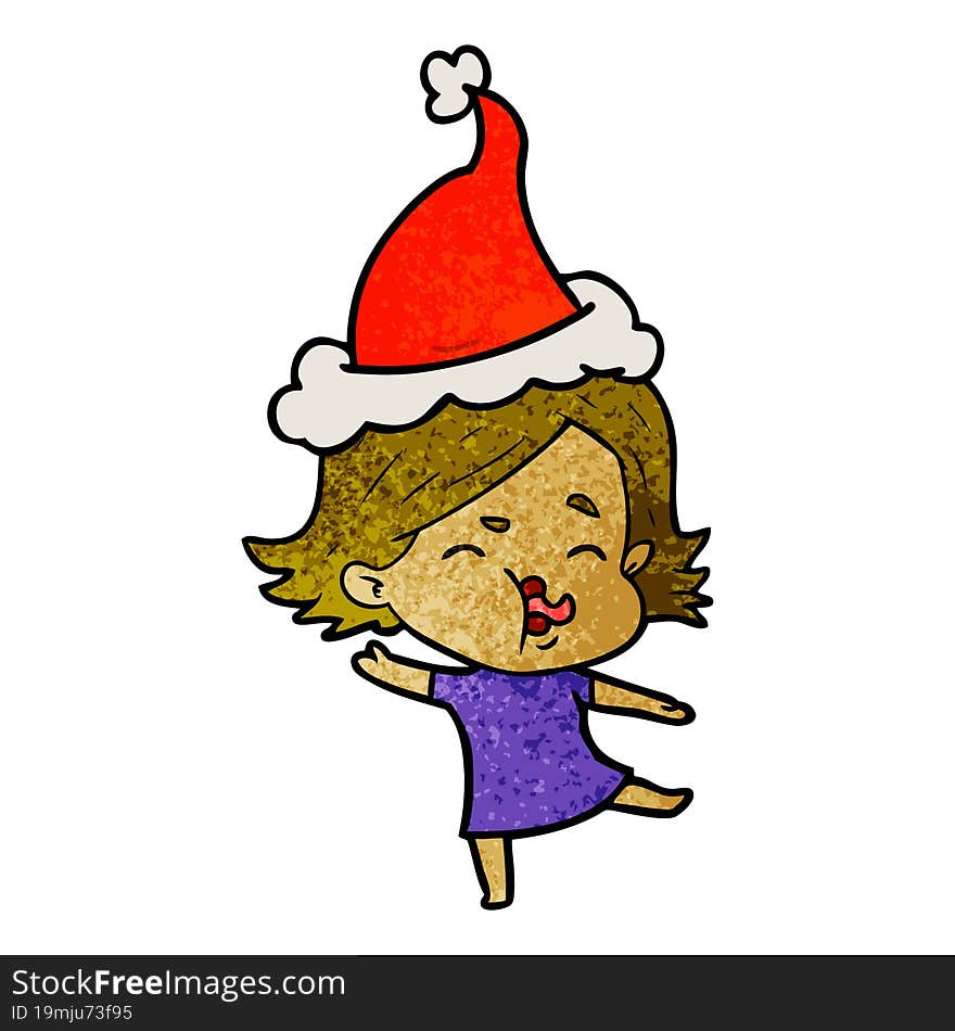 hand drawn textured cartoon of a girl pulling face wearing santa hat