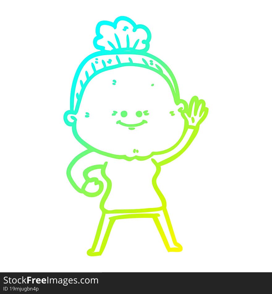 cold gradient line drawing of a cartoon happy old woman