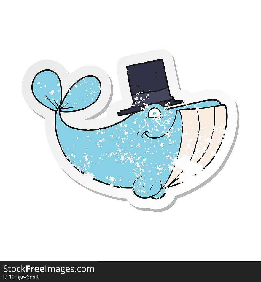 retro distressed sticker of a cartoon whale wearing top hat