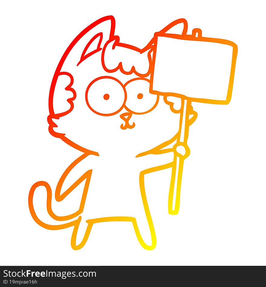 warm gradient line drawing of a happy cartoon cat with sign