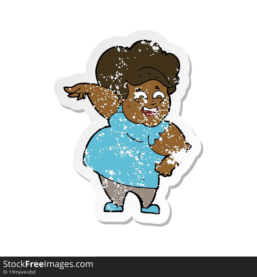 Retro Distressed Sticker Of A Cartoon Oveweight Woman