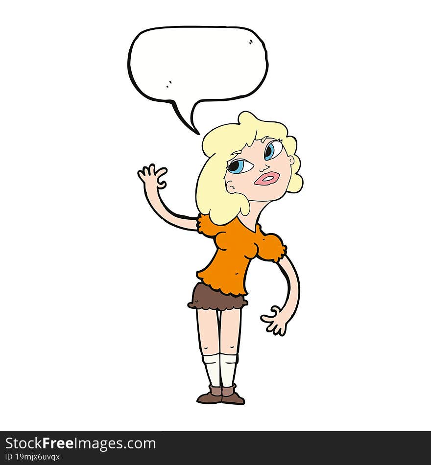 cartoon woman waving with speech bubble