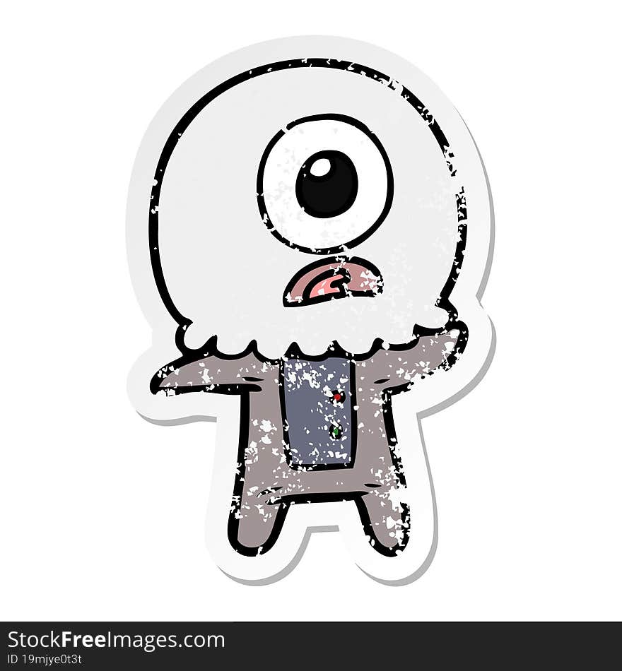 Distressed Sticker Of A Cartoon Cyclops Alien Spaceman