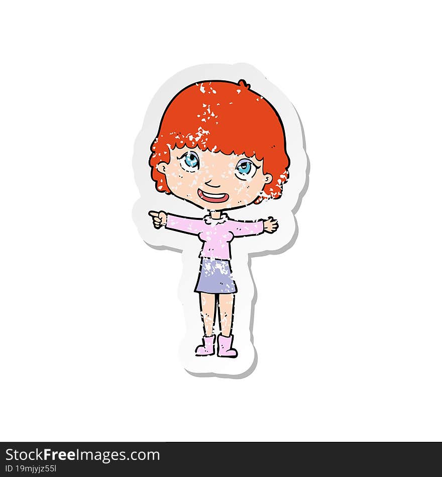 retro distressed sticker of a cartoon happy woman pointing