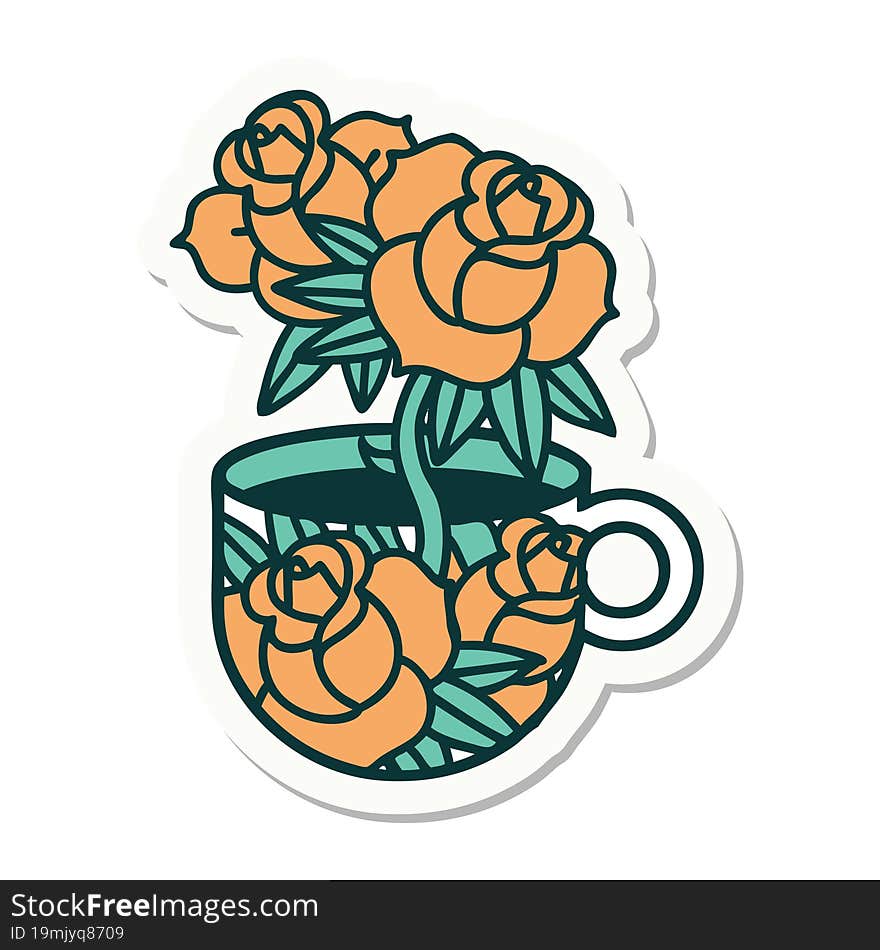 tattoo style sticker of a cup and flowers