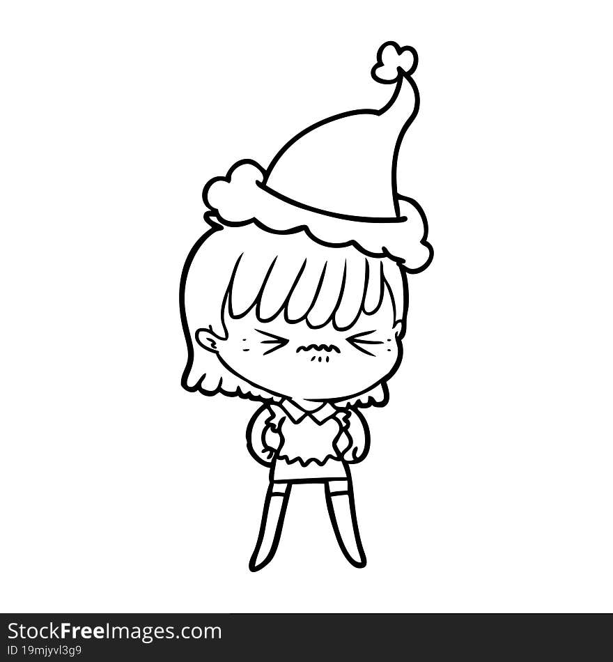 Annoyed Line Drawing Of A Girl Wearing Santa Hat