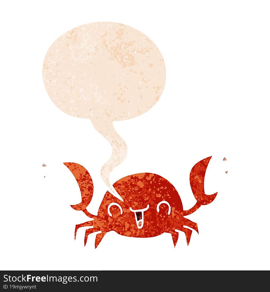 cartoon crab and speech bubble in retro textured style