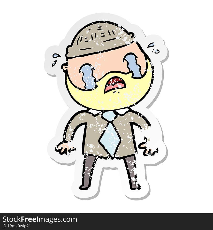 distressed sticker of a cartoon bearded man crying