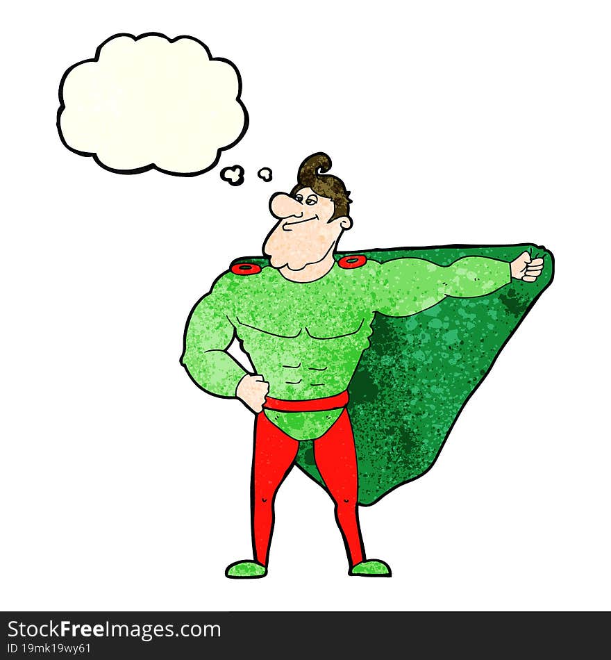 funny cartoon superhero with thought bubble