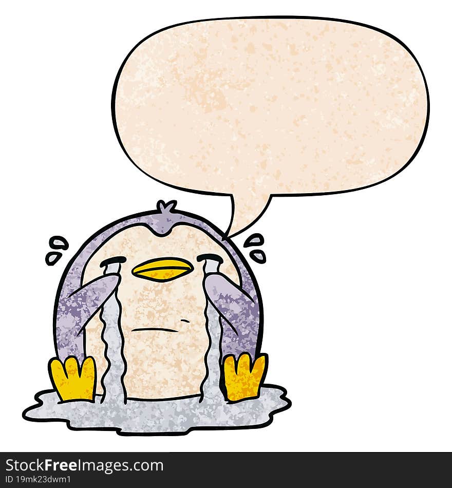 Cartoon Crying Penguin And Speech Bubble In Retro Texture Style