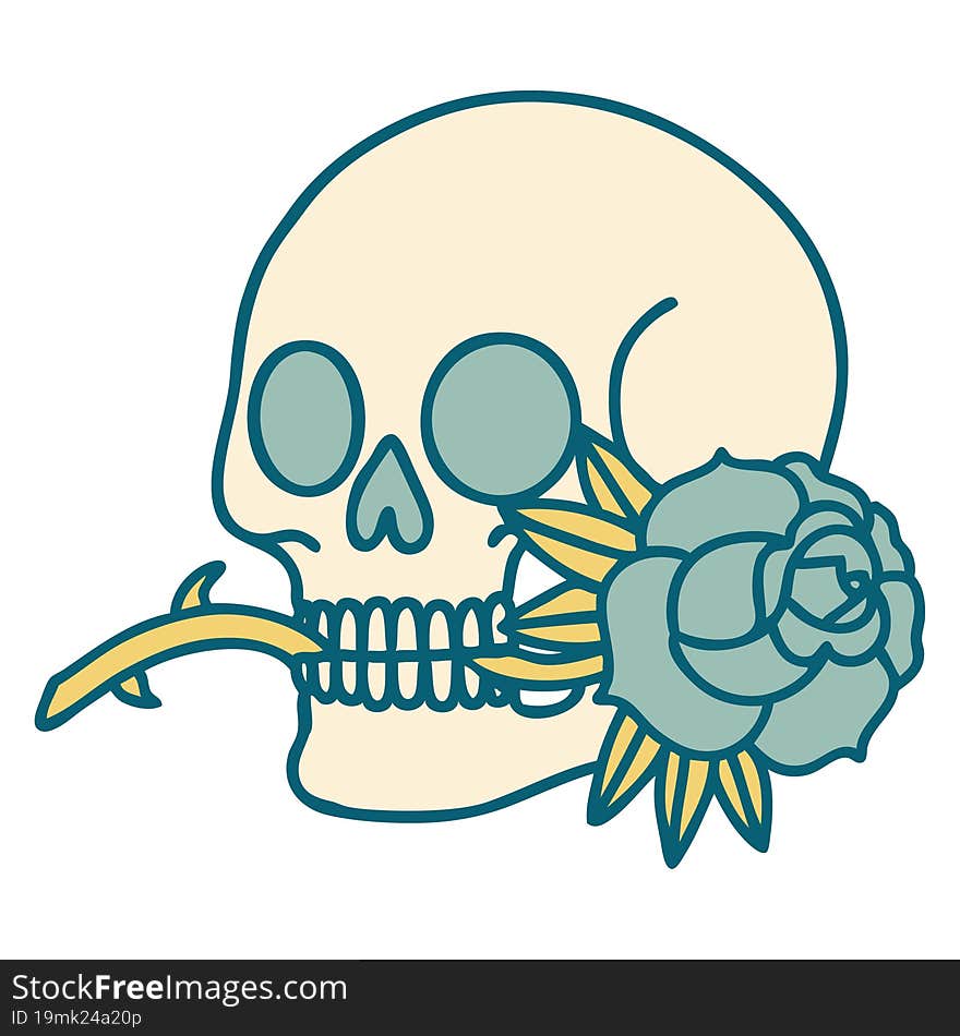 tattoo style icon of a skull and rose