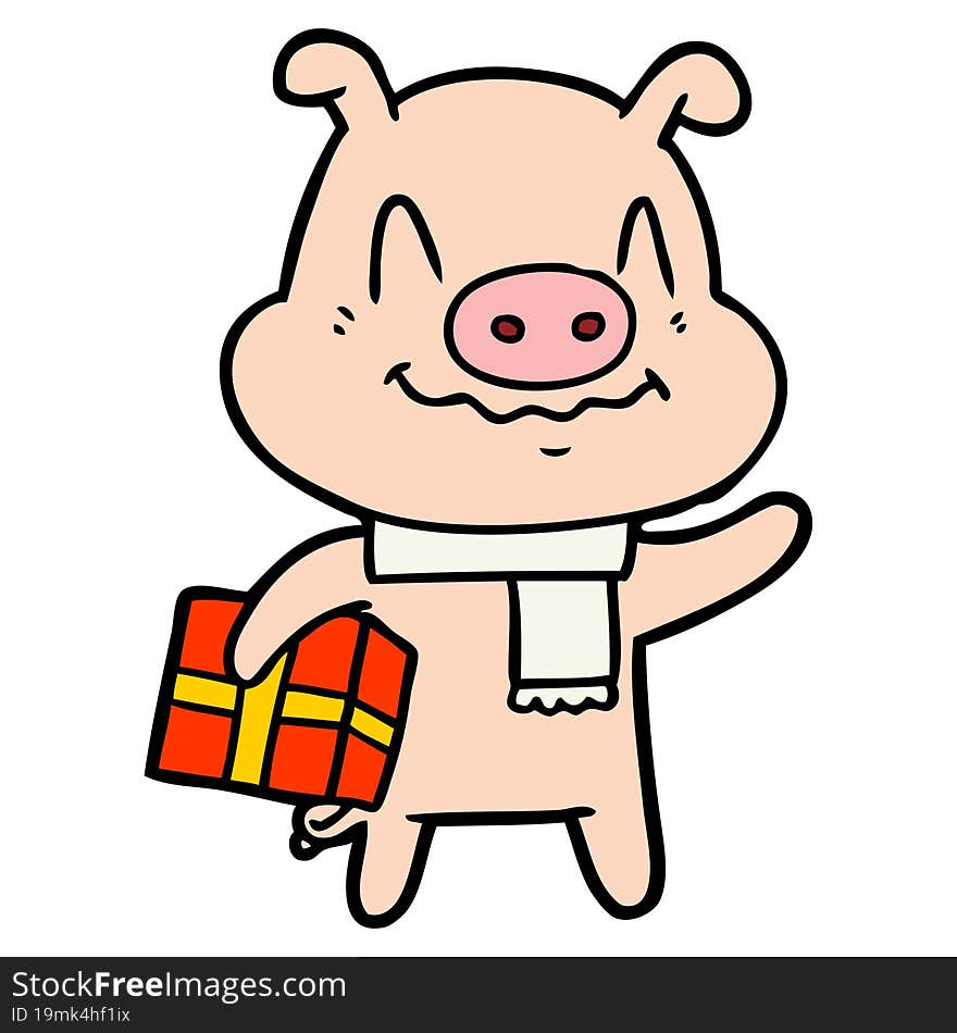 nervous cartoon pig with present. nervous cartoon pig with present