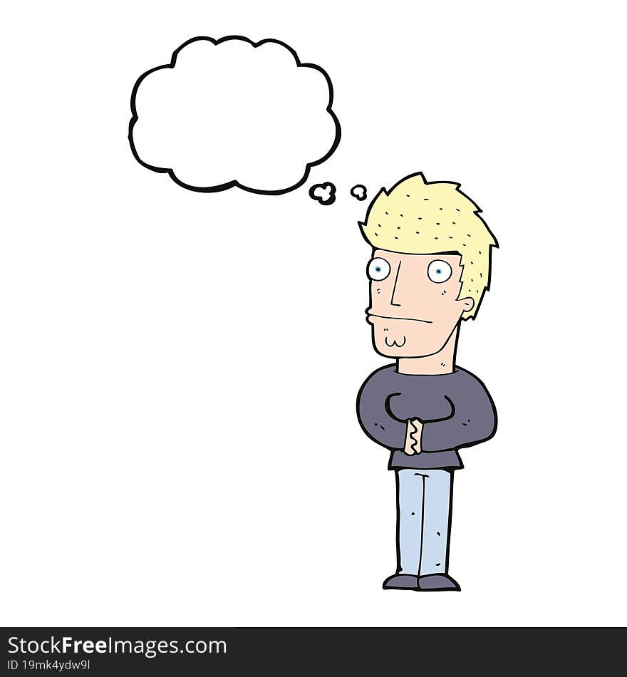 cartoon worried man with thought bubble