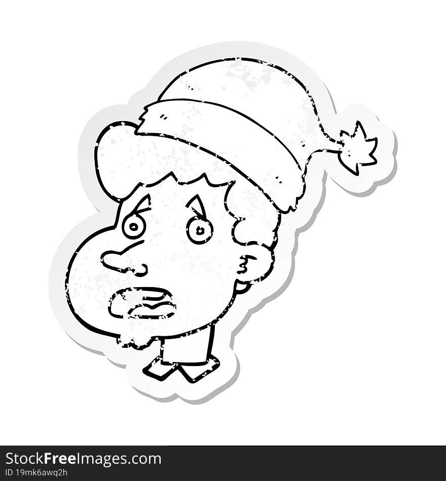 distressed sticker of a cartoon man wearing christmas hat