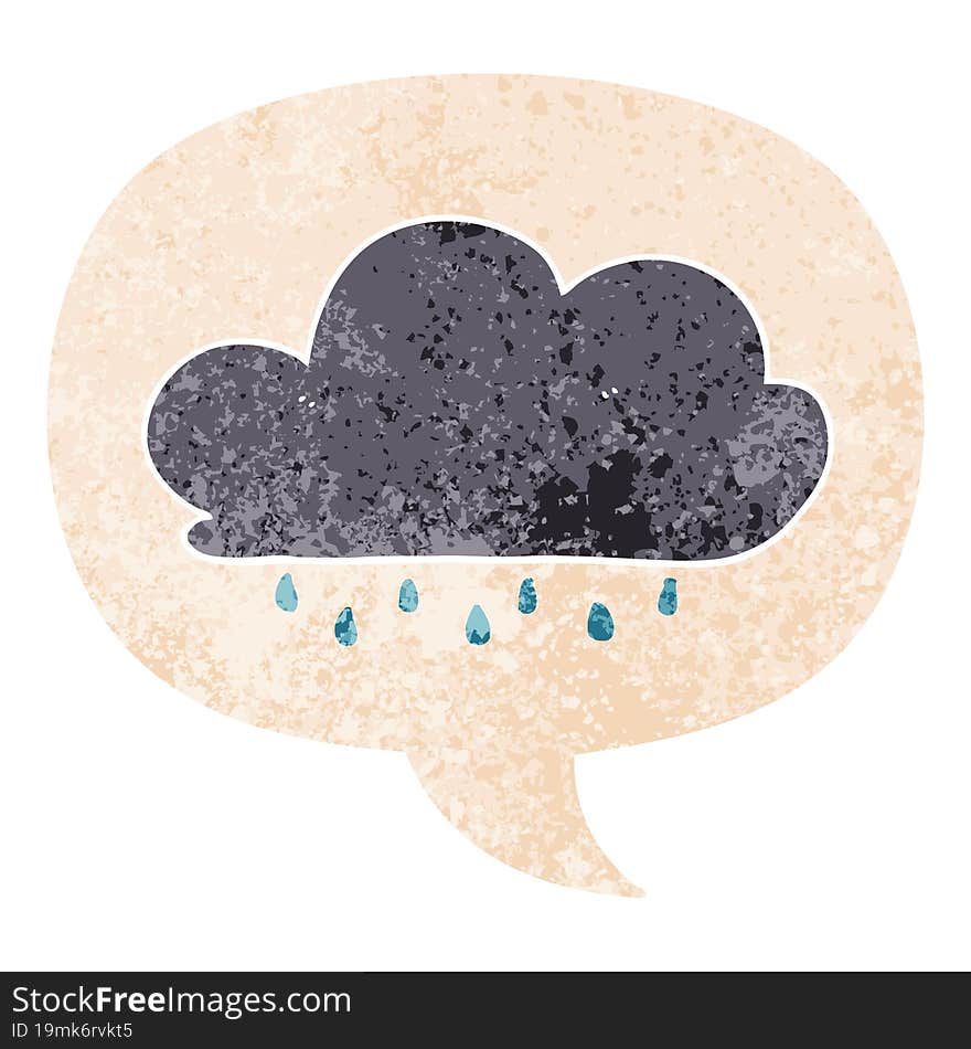 cartoon rain cloud and speech bubble in retro textured style