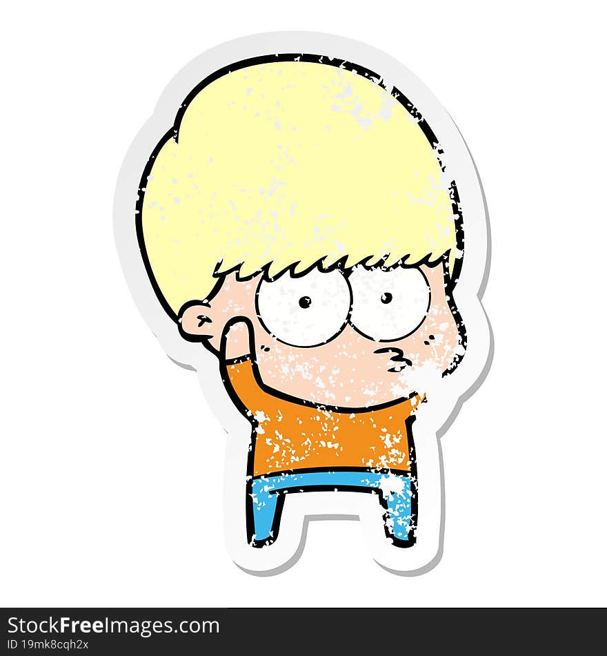 distressed sticker of a nervous cartoon boy