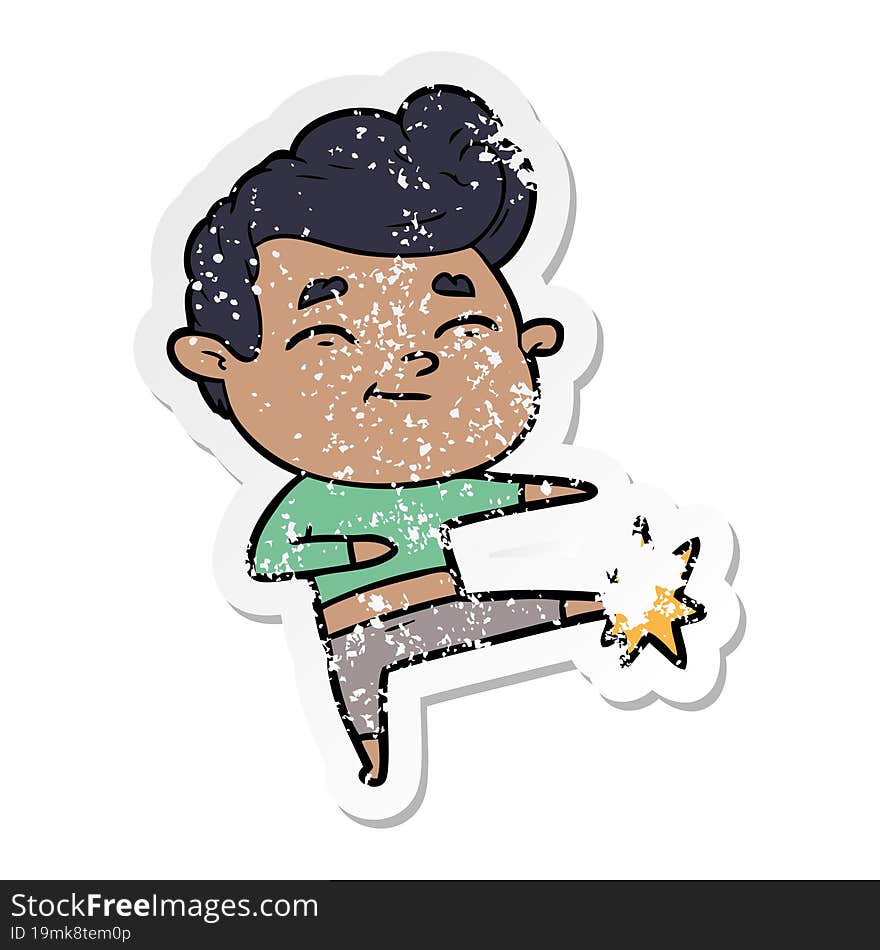 Distressed Sticker Of A Happy Cartoon Man Kicking