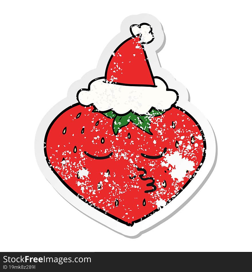 Distressed Sticker Cartoon Of A Strawberry Wearing Santa Hat