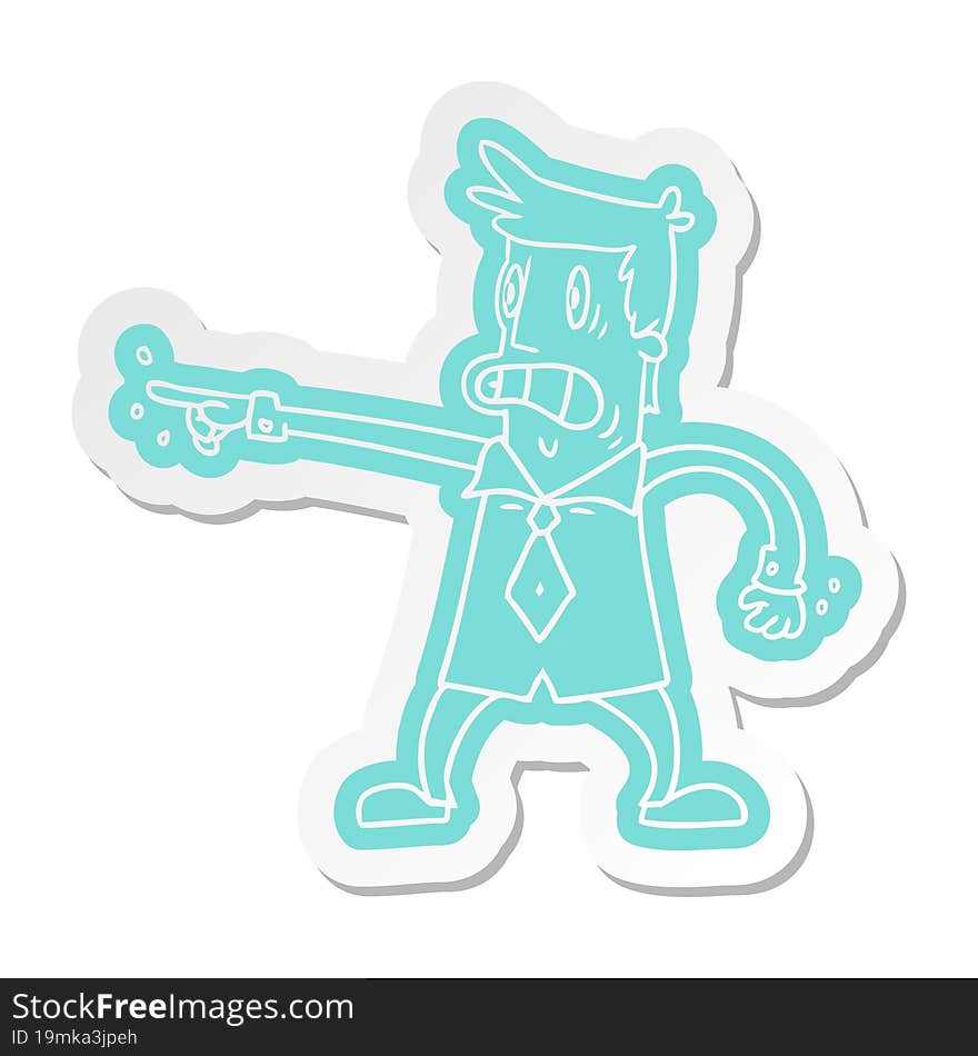 cartoon sticker man pointing looking worried