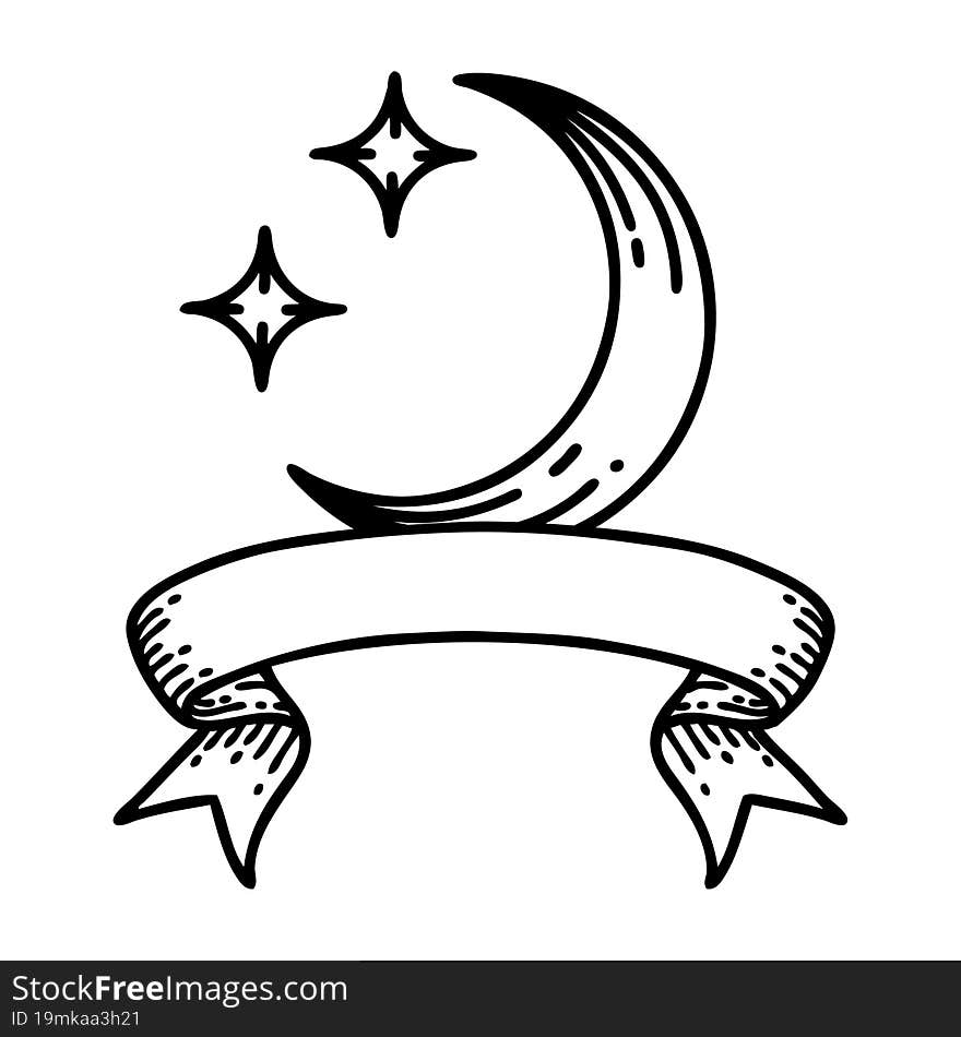 black linework tattoo with banner of a moon and stars