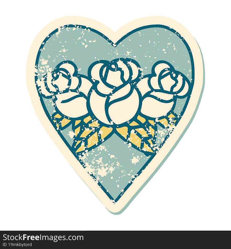 iconic distressed sticker tattoo style image of a heart and flowers. iconic distressed sticker tattoo style image of a heart and flowers