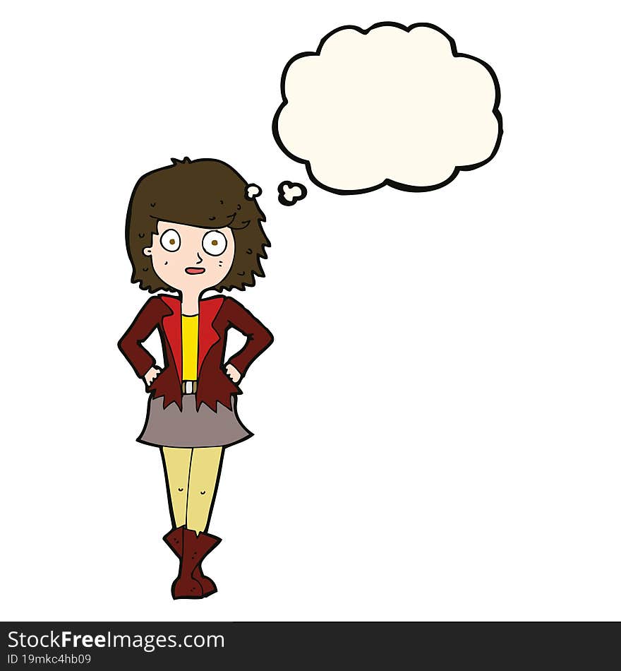 cartoon girl in jacket with thought bubble