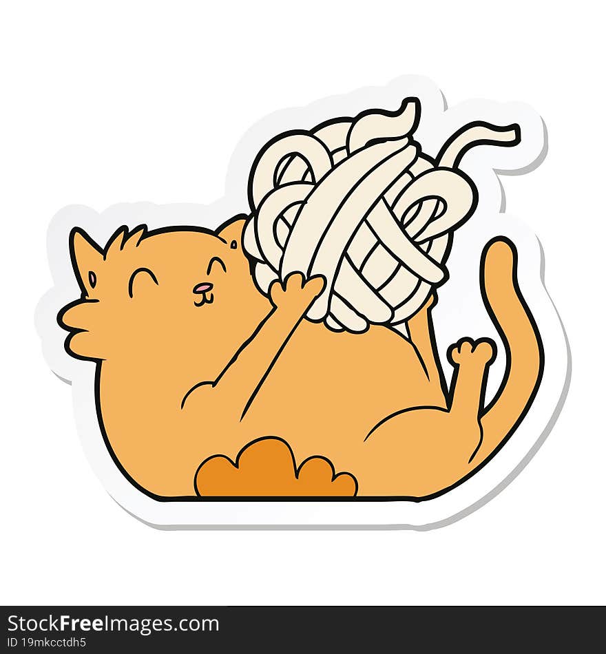 Sticker Of A Cartoon Cat Playing With Ball Of String