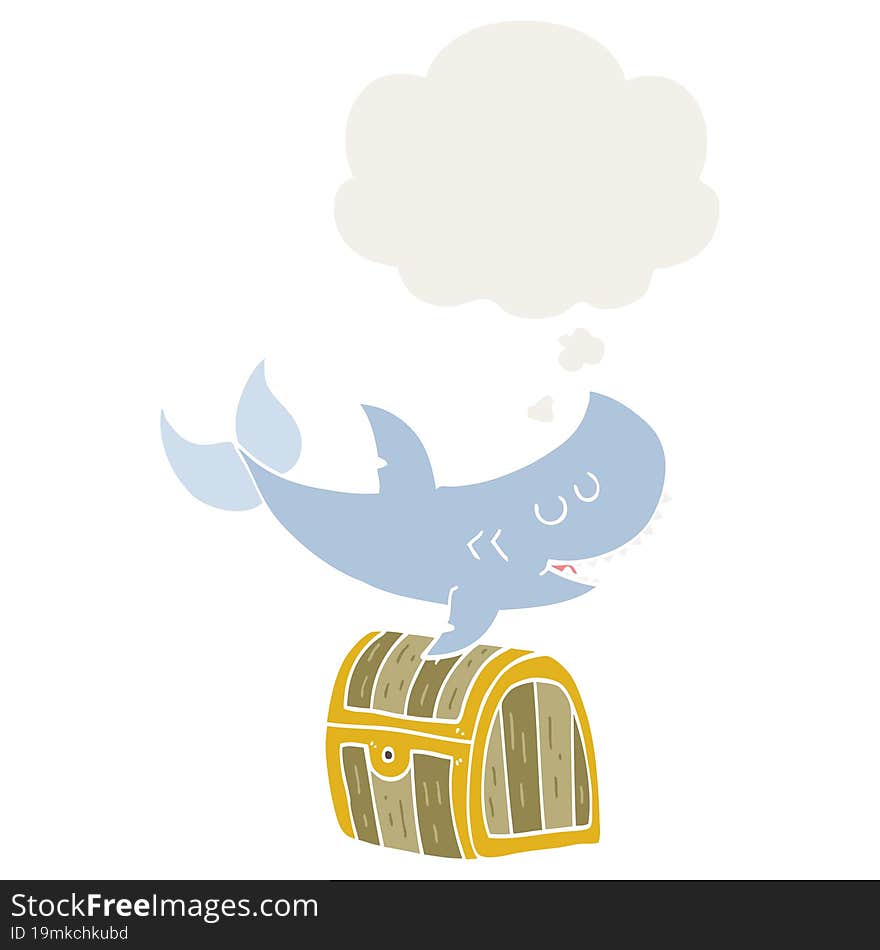 cartoon shark swimming over treasure chest with thought bubble in retro style