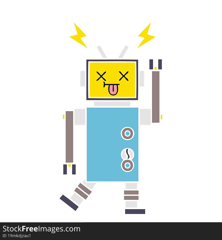 flat color retro cartoon of a robot malfunction