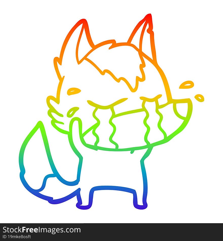 rainbow gradient line drawing of a cartoon crying wolf